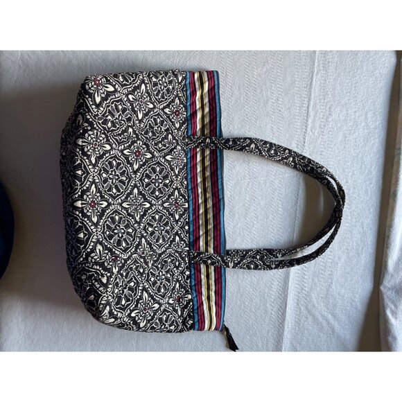 Vera Bradley Large Tote Bag With Striped Zipper & Black Floral Pattern - Picture 2 of 13